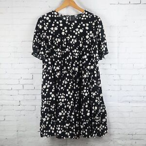 CODE X MODE BLACK WITH DAISY DESIGN SHORT SLEEVE BABYDOLL DRESS WITH POCKETS